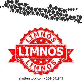 Marker collage map of Java Island and scratched ribbon stamp. Red stamp seal includes Limnos text inside ribbon. Abstract map of Java Island is composed of random marker elements. Tourism plan.