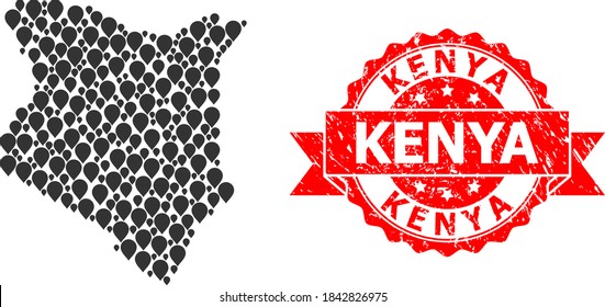 Marker collage map of Kenya and grunge ribbon stamp. Red stamp seal includes Kenya caption inside ribbon. Abstract map of Kenya is designed of randomized navigation elements. Navigation plan.