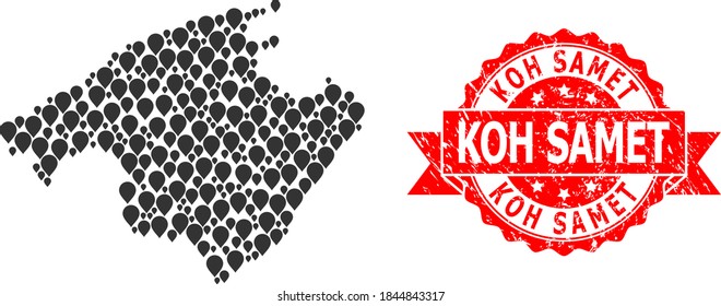 Marker collage map of Majorca and grunge ribbon stamp. Red stamp includes Koh Samet caption inside ribbon. Abstract map of Majorca is organized from scattered marker symbols. Abstract plan.