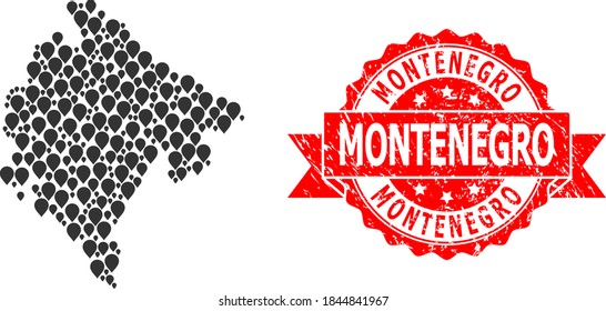 Marker collage map of Montenegro and scratched ribbon stamp. Red stamp includes Montenegro tag inside ribbon. Abstract map of Montenegro is formed of random navigation elements. Abstract plan.