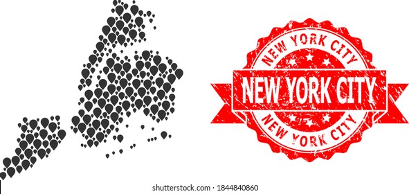 Marker collage map of New York City and scratched ribbon stamp. Red stamp seal contains New York City tag inside ribbon. Abstract map of New York City is constructed from scattered marker items.