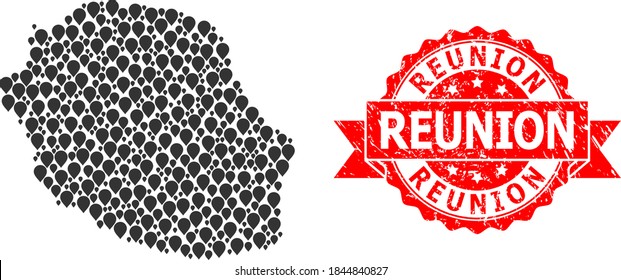 Marker collage map of Reunion Island and scratched ribbon seal. Red stamp seal has Reunion title inside ribbon. Abstract map of Reunion Island is constructed of random marker symbols. Abstract scheme.
