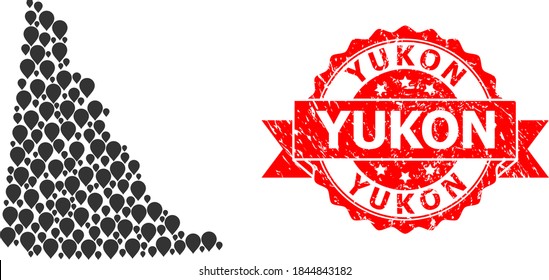 Marker collage map of Yukon Province and scratched ribbon stamp. Red stamp includes Yukon title inside ribbon. Abstract map of Yukon Province is designed with random marker elements. Navigation plan.