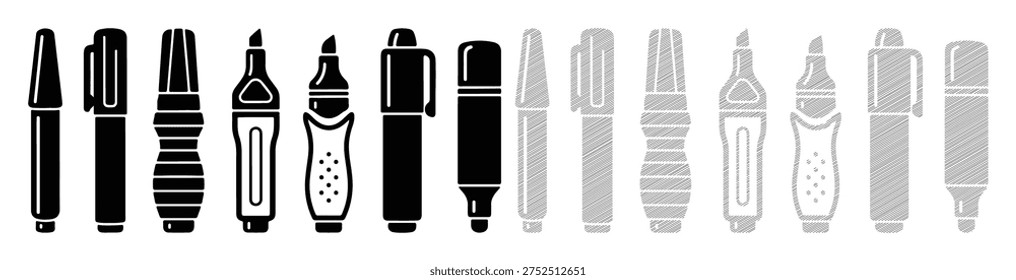 Marker collection with solid and hatched styles, various shapes, writing and drawing tools