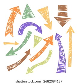 Marker colored bold cute arrows in different directions. Set doodle elements for notes, diagrams and planning. Vector illustration isolated on white background.