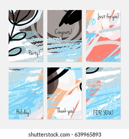 Marker and crayon brush with doodles. Hand drawn creative invitation or greeting cards template. Anniversary, Birthday, wedding, party, social media banners set of 6. Isolated on layer.