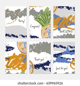 Marker and crayon brush with doodles. Hand drawn creative invitation or greeting cards template. Anniversary, Birthday, wedding, party, social media banners set of 6. Isolated on layer.