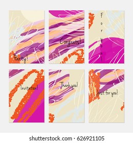 Marker and crayon brush with doodles.Hand drawn creative invitation or greeting cards template. Anniversary, Birthday, wedding, party, social media banners set of 6. Isolated on layer.