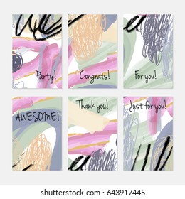 Marker and crayon brush with doodles.Hand drawn creative invitation or greeting cards template. Anniversary, Birthday, wedding, party, social media banners set of 6. Isolated on layer.