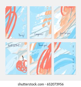Marker and crayon brush with doodles.Hand drawn creative invitation or greeting cards template. Anniversary, Birthday, wedding, party, social media banners set of 6. Isolated on layer.