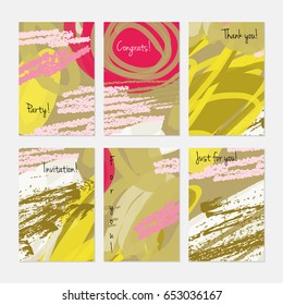 Marker and crayon brush with doodles.Hand drawn creative invitation or greeting cards template. Anniversary, Birthday, wedding, party, social media banners set of 6. Isolated on layer.