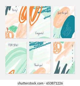 Marker and crayon brush with doodles.Hand drawn creative invitation or greeting cards template. Anniversary, Birthday, wedding, party, social media banners set of 6. Isolated on layer.
