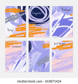 Marker and crayon brush with doodles.Hand drawn creative invitation or greeting cards template. Anniversary, Birthday, wedding, party, social media banners set of 6. Isolated on layer.