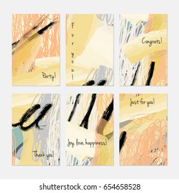 Marker and crayon brush with doodles.Hand drawn creative invitation or greeting cards template. Anniversary, Birthday, wedding, party, social media banners set of 6. Isolated on layer.
