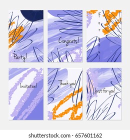 Marker and crayon brush with doodles.Hand drawn creative invitation or greeting cards template. Anniversary, Birthday, wedding, party, social media banners set of 6. Isolated on layer.
