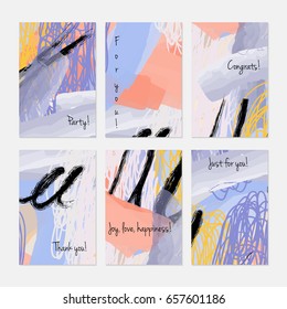 Marker and crayon brush with doodles.Hand drawn creative invitation or greeting cards template. Anniversary, Birthday, wedding, party, social media banners set of 6. Isolated on layer.