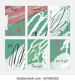 Marker and crayon brush with doodles.Hand drawn creative invitation or greeting cards template. Anniversary, Birthday, wedding, party, social media banners set of 6. Isolated on layer.
