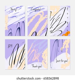 Marker and crayon brush with doodles.Hand drawn creative invitation or greeting cards template. Anniversary, Birthday, wedding, party, social media banners set of 6. Isolated on layer.