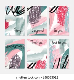 Marker and crayon brush with doodles.Hand drawn creative invitation or greeting cards template. Anniversary, Birthday, wedding, party, social media banners set of 6. Isolated on layer.