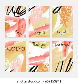 Marker and crayon brush with doodles.Hand drawn creative invitation or greeting cards template. Anniversary, Birthday, wedding, party, social media banners set of 6. Isolated on layer.