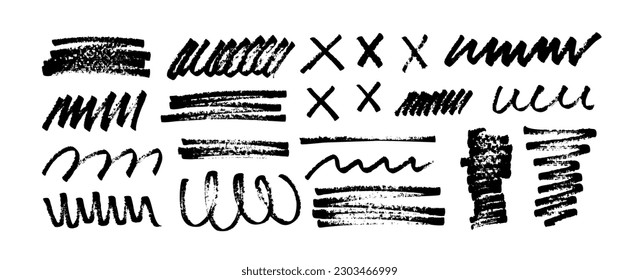 Marker curly strokes, squiggles and rectangle shapes. Brush drawn vector crosses, marks and doodles. Underline and highlighter marker strokes. Curly smears and scribbled shapes.