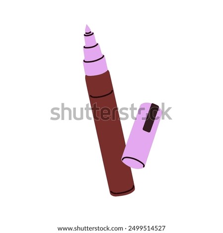 Marker, drawing and calligraphy tool. Open liner, felt tip pen for writing, sketching. Art stationery, supplies with cap removed. Flat graphic vector illustration isolated on white background