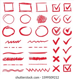 Marker drawing checkbox red vector sketch isolated  Hand drawn brush   pen stroke highlights  select V marks  check squares  circles lines   underlines  Ink design doodle elements for any purposes