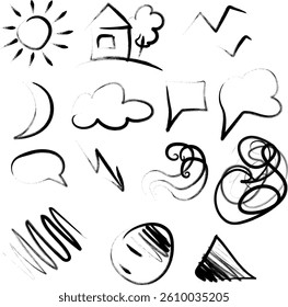 Marker drawing, doodle, sun, house drawing in the style of a child's drawing. Arrows, brushes, dialog clouds in the style of grunge line art. Vector illustration