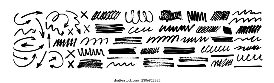 Marker drawn arrows, swirls and scribbled shapes. Hand drawn doodle dividers, rectangle brush strokes, underline markers collection. Abstract doodle writing design, vector squiggles and black arrows.