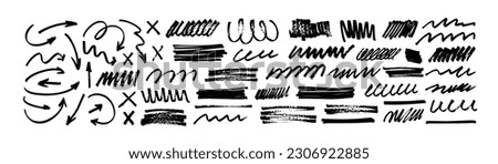 Marker drawn arrows, swirls and scribbled shapes. Hand drawn doodle dividers, rectangle brush strokes, underline markers collection. Abstract doodle writing design, vector squiggles and black arrows.