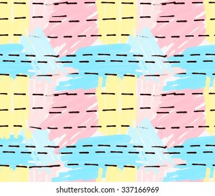 Marker drawn blue pink yellow patches with black hatches.Hand drawn with marker seamless background.Modern hipster style design.