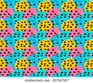 Marker drawn blue pink yellow patches with black dots.Hand drawn with marker seamless background.Modern hipster style design.