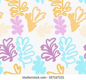 Marker drawn blue yellow and purple leaves.Hand drawn with marker seamless background.Modern hipster style design.