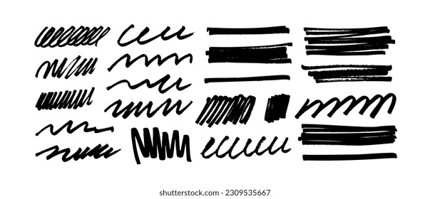 Marker drawn bold strokes, swirls and rectangle shapes. Underline and divider markers collection. Hand drawn vector doodle various shapes, lines, curls. Scribble geometric elements.