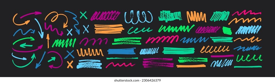 Marker drawn colored arrows, swirls and scribbled shapes. Childish hand drawn doodle dividers, rectangle brush strokes, colorful underline markers collection. Doodle design, vector squiggles and arrow