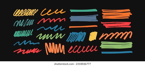 Dibujar trazos de negrita de colores, movimientos y formas rectangulares. Colección de marcadores coloridos de subrayado y divisor. Dibujar a mano el doodle vectorial de varias formas, líneas, rizos. Elementos garabatos chilenos.