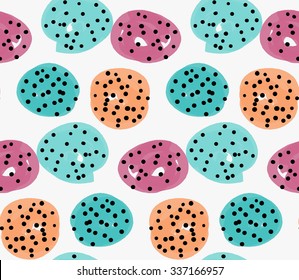 Marker drawn green orange red circles and black dots.Hand drawn with marker seamless background.Modern hipster style design.