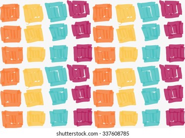 Marker drawn green yellow orange red hatched squares.Hand drawn with marker seamless background.Modern hipster style design.