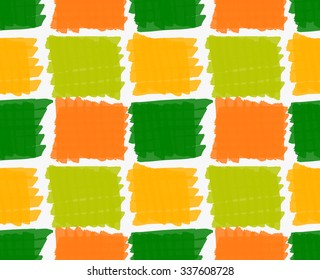 Marker drawn hatched green and orange squares.Hand drawn with marker seamless background.Modern hipster style design.
