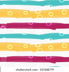 Marker drawn horizontal yellow red and green stripes with circles.Hand drawn with marker seamless background.Modern hipster style design.