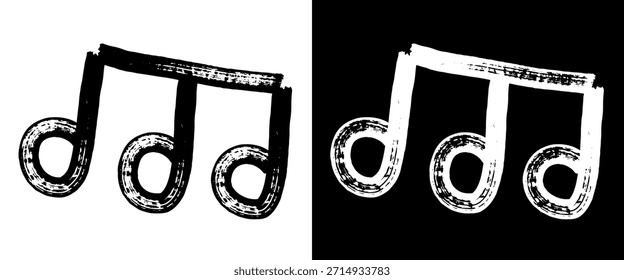 Marcador dibujado icono de nota musical. Vigas de octava nota en estilo doodle blanco y negro con líneas expresivas ásperas. Vector aislado.