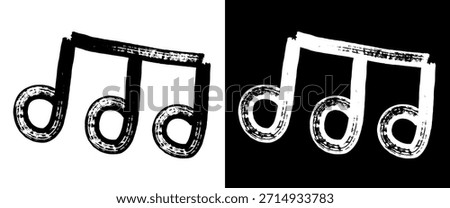 Marker drawn musical note icon. Beamed eighth note in black and white doodle style with rough expressive lines. Vector isolated symbol.