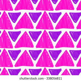 Marker drawn purple big and small triangles.Hand drawn with marker seamless background.Modern hipster style design.