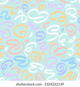 Marker drawn scribble abstract seamless pattern. Childish drawing. Hand draws vector calligraphy swirls for background. Curly brush strokes, marker scrawls as graphic design wallpaper.