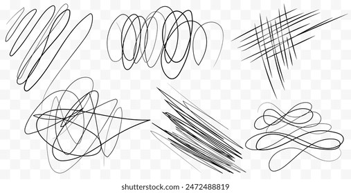 Marker drawn scribble vector set. Childish drawing. Hand draws calligraphy swirls. Curly brush strokes, marker scrawls as graphic design elements set