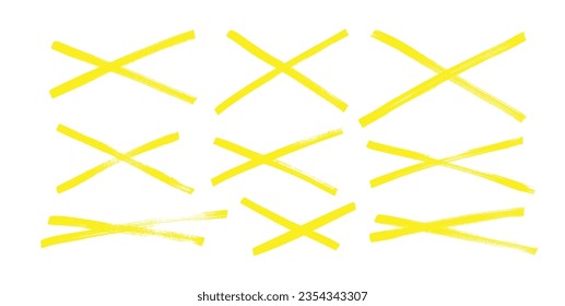 Marker drawn yellow strikethrough vector elements collection. Crossed scribble lines drawn with yellow marker isolated on white. Hand drawn grunge vector underlines or strike through. X sign in sketch