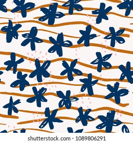 Marker flowers, dashes and stripes vector seamless pattern. Floral background in primitive, childish doodle style.
