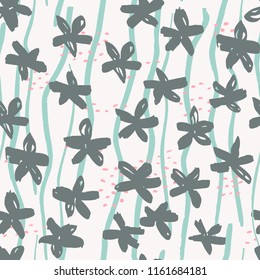 Marker flowers, dashes and stripes vector seamless pattern. Floral background in primitive, childish doodle style.
