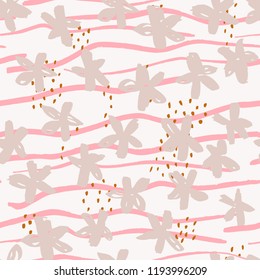 Marker flowers, dashes and stripes vector seamless pattern. Floral background in primitive, childish doodle style.