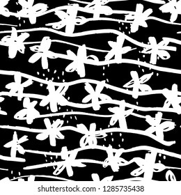 Marker flowers, dashes and stripes vector seamless pattern. Floral background in primitive, childish doodle style.